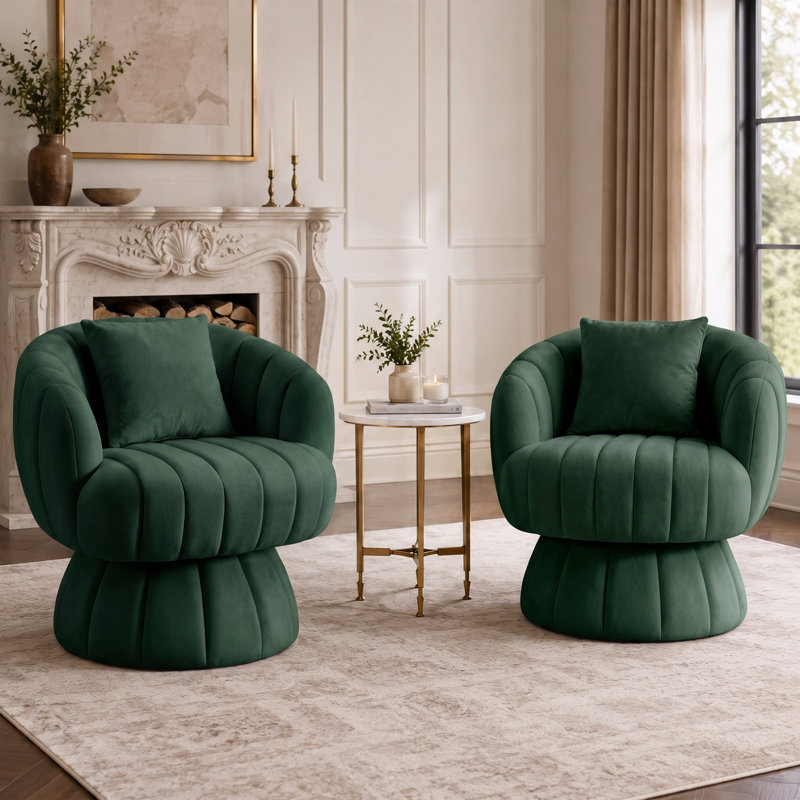 Fauteuil demi-tonneau rembourré rembourré avec coussin, Velours vert