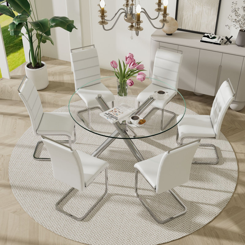 Ensemble de salle à manger 7 pièces, Argent, Blanc