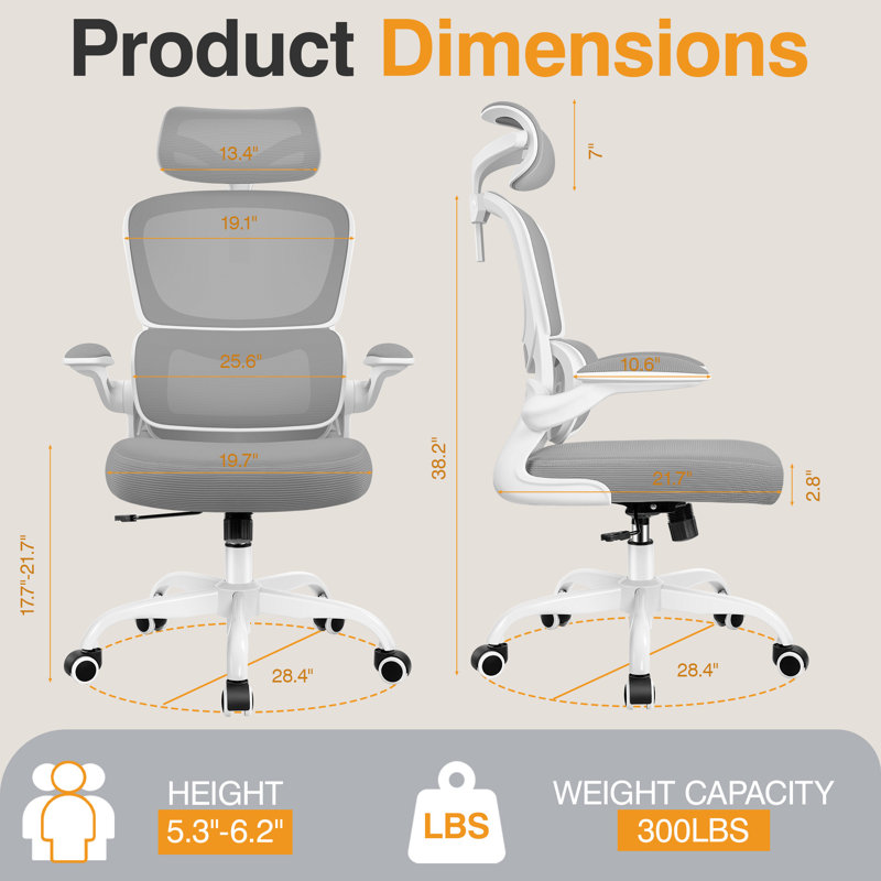 Lidwien Ergonomic Breathable Mesh Office Chair with Adjustable Headrest and Flip-Up Arms, White/LightGray
