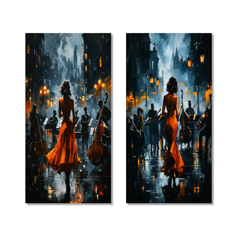 Orange noir, musique de jazz à Harlem City II - ensemble de 2 impressions murales en métal, 32" H x 32" W
