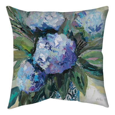 Les artisans du bois et les tisserands présentent le coussin Climaweave 45 x 45 cm (18 x 18 pouces) pour l'intérieur et l'extérieur, bleu, vert et violet.