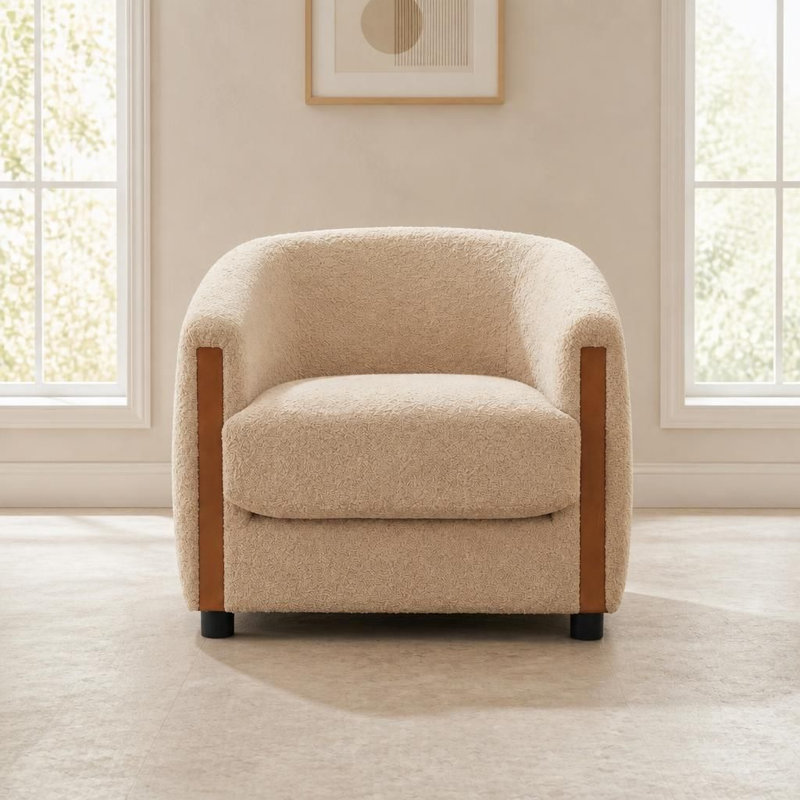 Fauteuil d'appoint moderne incurvé en forme de tonneau avec panneaux latéraux verticaux en bois massif, fauteuil rembourré en polaire douce avec coussin d'assise amovible, fauteuil lounge ergonomique
