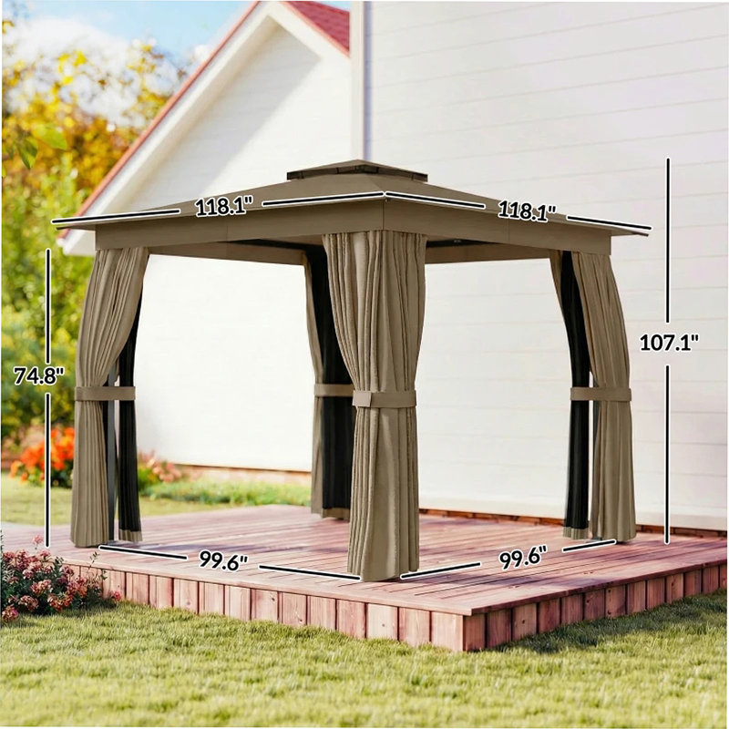 Pavillon de jardin à deux niveaux avec auvent et rideaux, H 107,1 po x l 118,1 po x P 118,1 po, Kaki