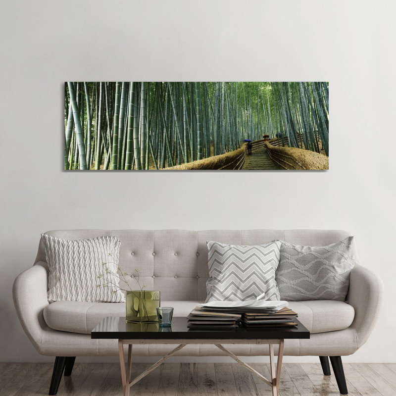 Stepped Walkway Passing Through A Bamboo Forest, Arashiyama, Kyoto Prefecture - Wrapped Canvas Panoramic Print
