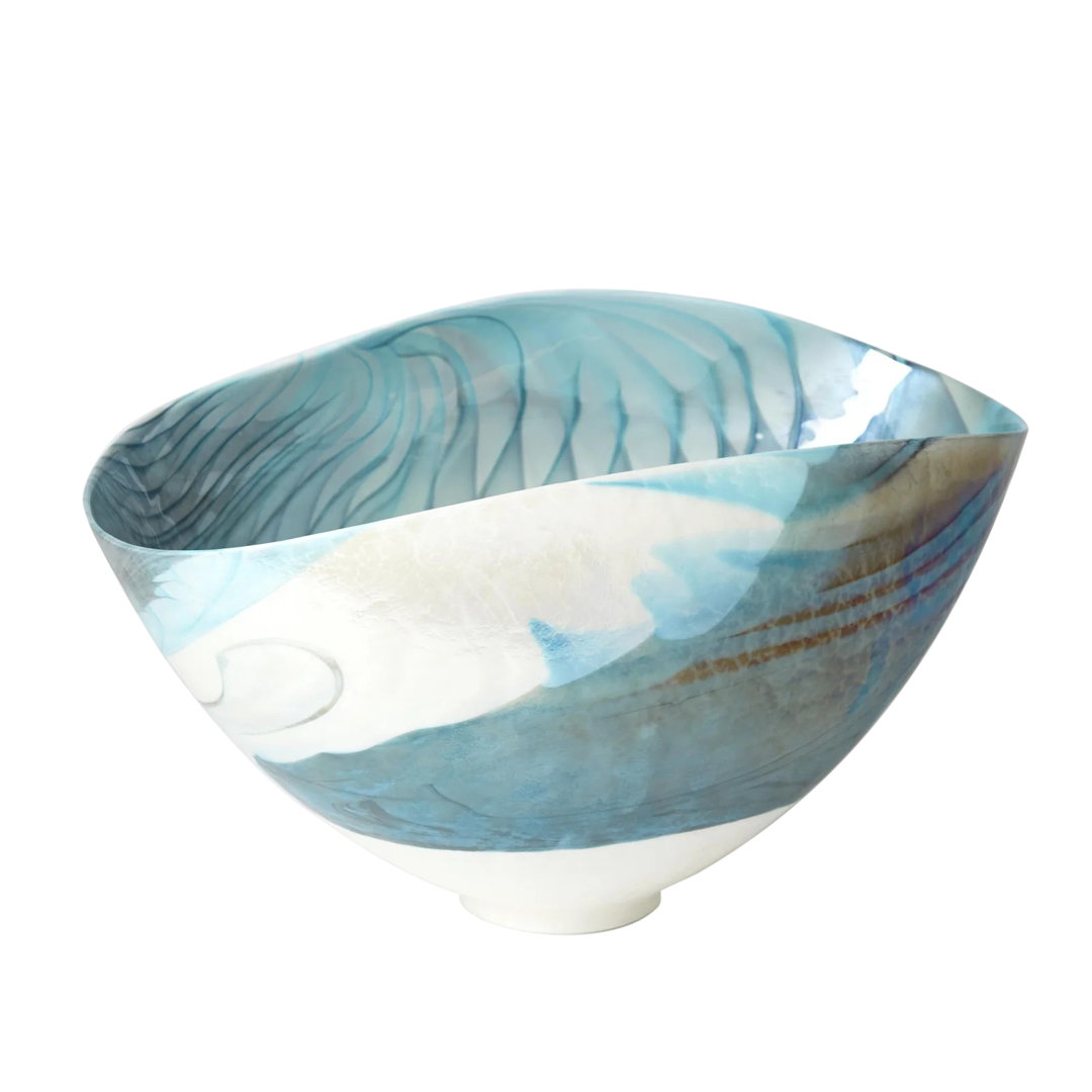 Ivory Turquoise Feather Swirl Oval Bowl-Sm Global Views