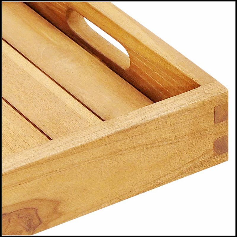 Plateau de service en bois de teck durable avec rebords surélevés et poignées encastrées, parfait pour un service élégant et la décoration intérieure.