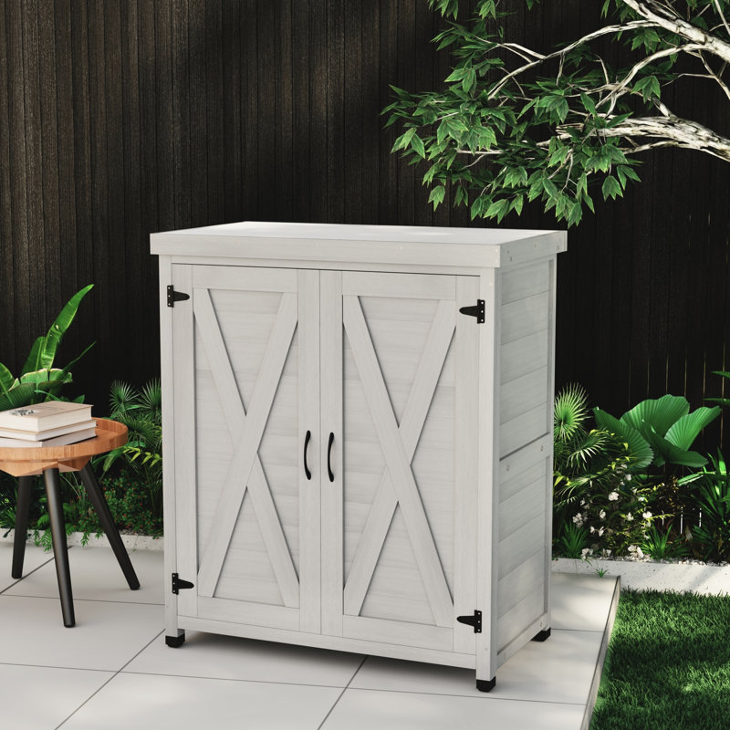 Banc de rempotage extérieur avec armoire de rangement et plateau de table en métal - Fabrication en bois rustique