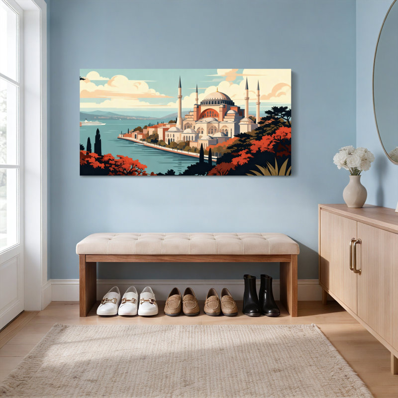 Ensemble de 1 tableau sur toile représentant le paysage de la mosquée d'Istanbul, H 12 po x l 36 po