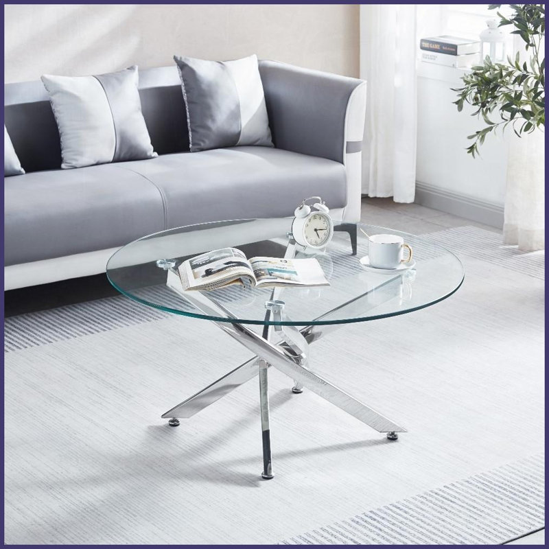 Table basse ronde en verre trempé avec pieds en acier inoxydable, style contemporain pour le salon / la salle à manger, facile à nettoyer et amp; Durable