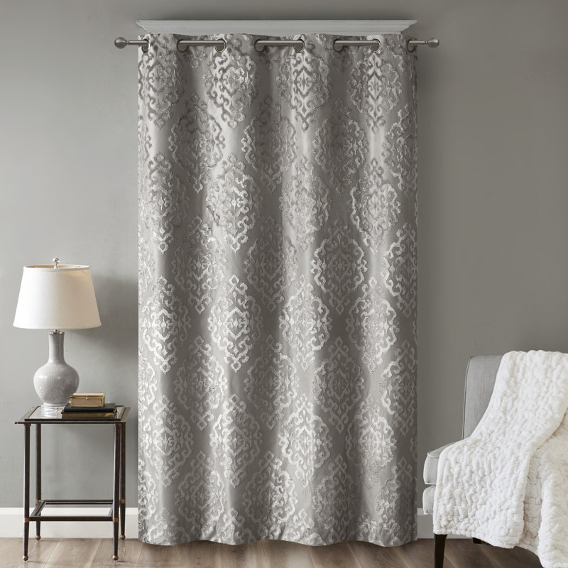 Mirage Damask Total Blackout Thermal Grommet Single Curtain Panel, 50" W x 84" L, Charcoal