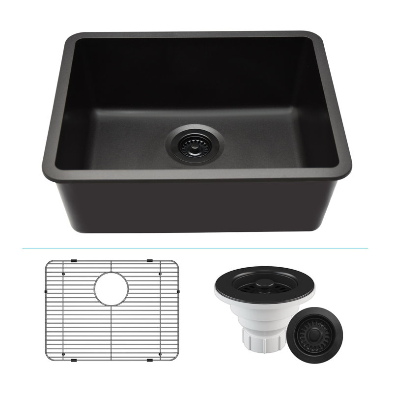 23" x 18" Quartz Kitchen Sink, Single Bowl Sink, Drop-in Sink, Undermount Sink, Granite Kitchen Sink, with Steel Grids and Basket Strainer