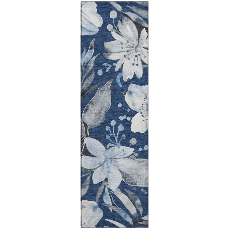 Tapis floral lavable à la machine de qualité supérieure Mayfield AMF2260, Marine, Tapis de couloir 2 pi 3 po x 7 pi 6 po