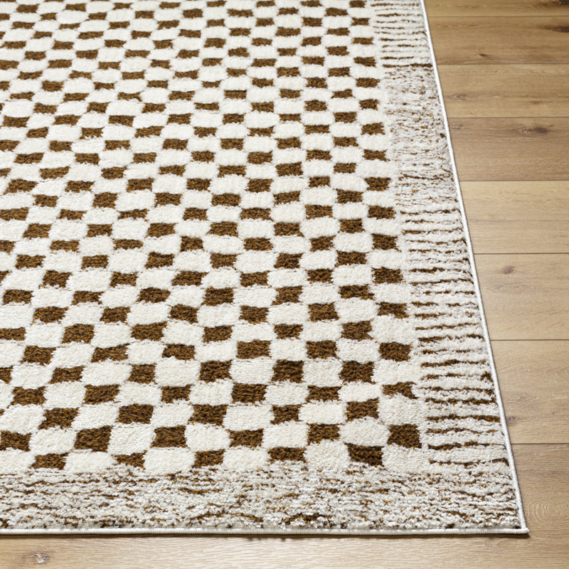 Tapis brun / crème en polyester tissé à la machine Camil, Rectangle 6 pi 7 po x 9 pi