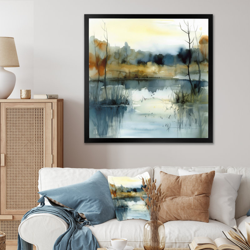 Summer Lake Landscape Illustration VI Framed On Canvas Print, 24" H x 24" W, Black Picture Framed
