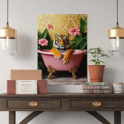 Canvas Wall Art Tiger in Pink Bathtub Canvas Art, Tropical Bathroom Print-1 Vintage Poster Print Home Decor