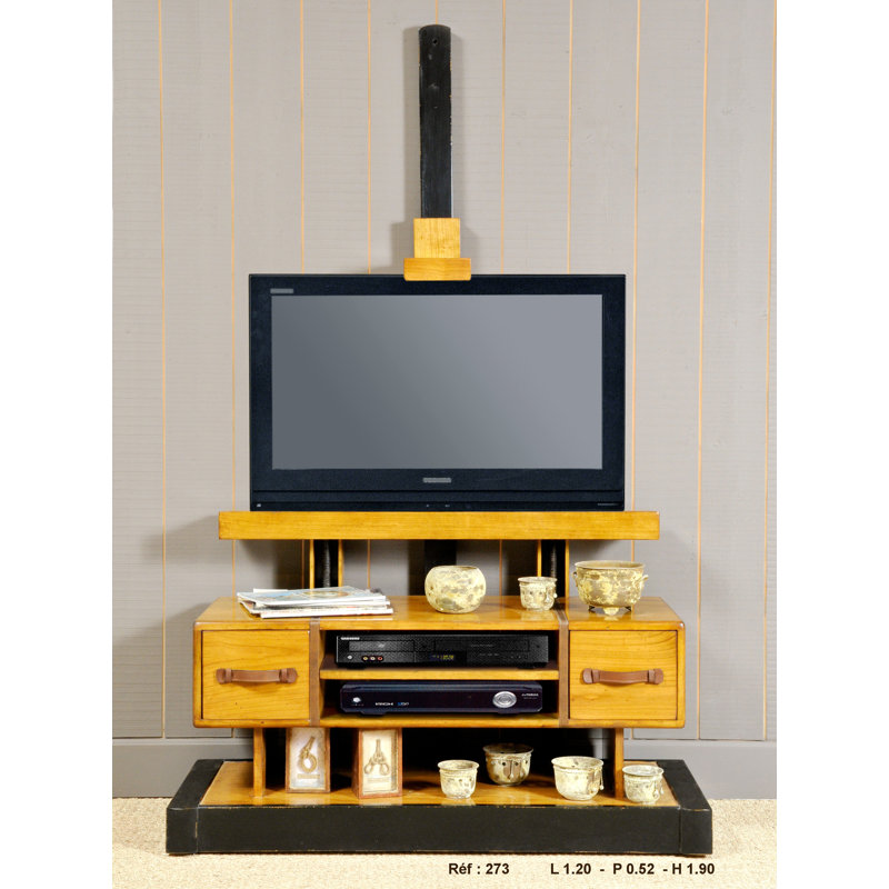 Meuble télé en bois massif pour téléviseur de 50 po ou moins, Brun / crème