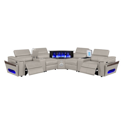 Nova Modern Style Sectional With 1 Console (Fridge), Wedge With Bluetooth Speaker, LED And Lifting Wine Cabinet  - Gray