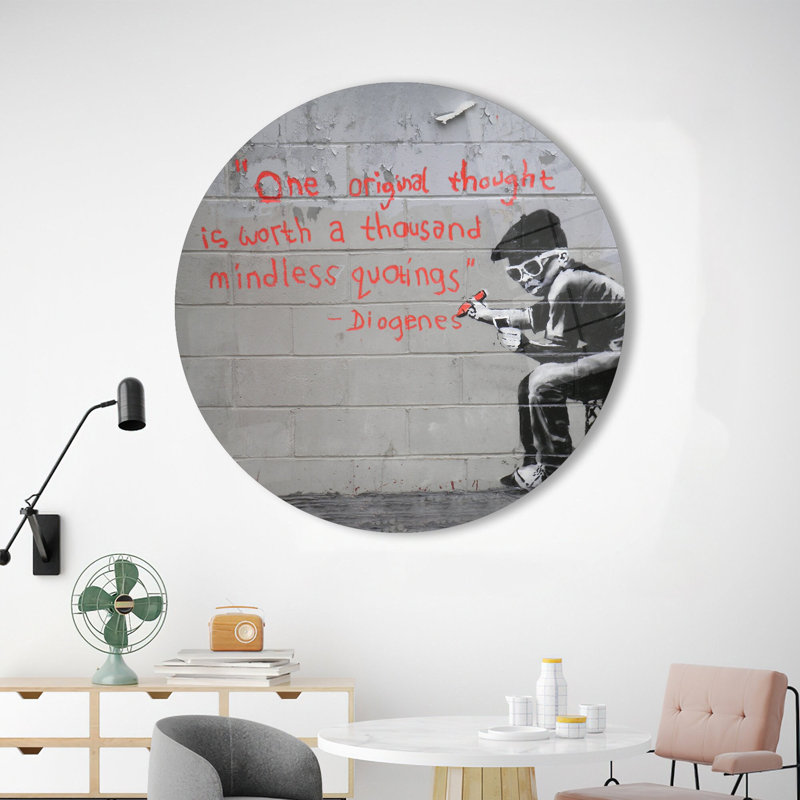 Œuvre d'art abstraite en verre mettant en vedette le concept de la pensée originale par Banksy pour Modern Street Style, décoration murale en couleurs vives | Rond