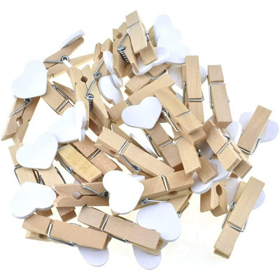 White Heart Painted Mini Wooden Clothespins, 50-Pack Decorative Photo Clips, 1.38 Inch Tight Grip Pins for Photos, Postcards, Notes, Wedding Decor & Paper Displays