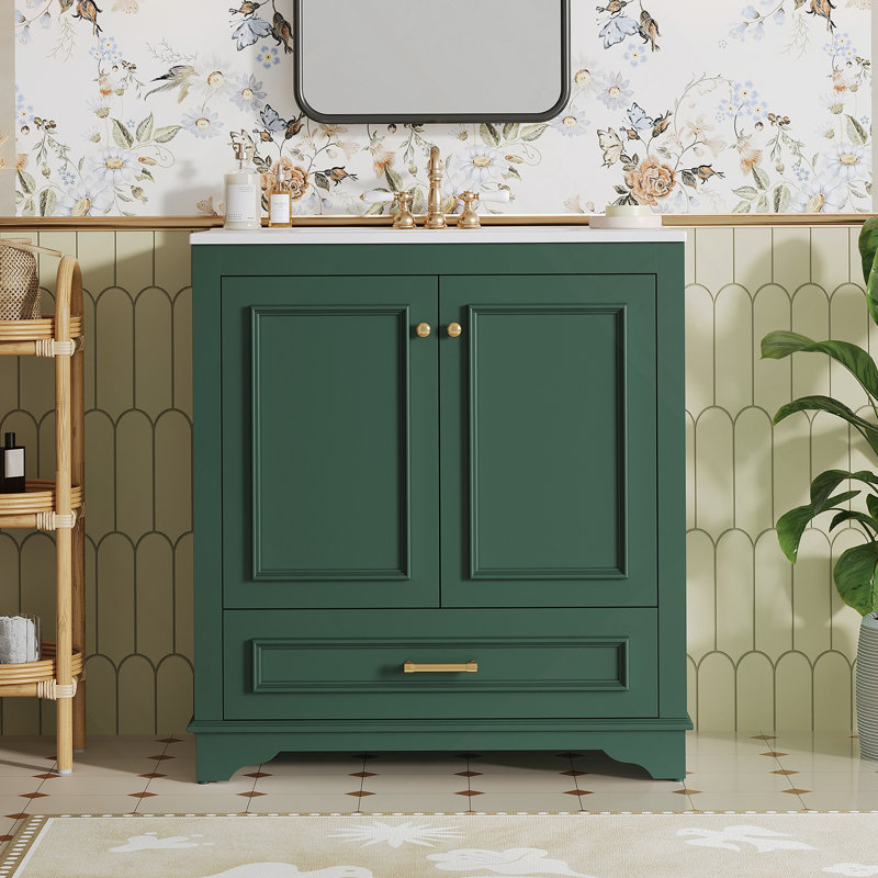 Meuble-lavabo de luxe 30 po avec lavabo en céramique, meuble-lavabo avec 2 grandes portes à fermeture douce, armoire de rangement en bois massif