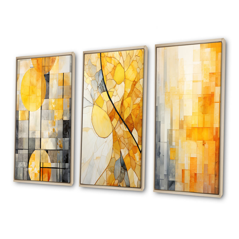 Ensemble de 3 panneaux muraux jaunes à la lumière du soleil - Collages abstraits sur toile, Cadre flottant brun