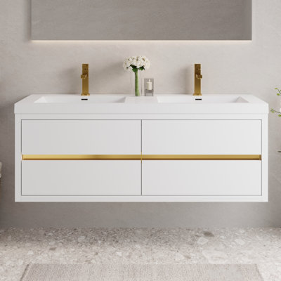 Meuble-lavabo mural avec double vasque, armoire de rangement flottante avec comptoir en résine de pierre et tiroirs à fermeture en douceur, brillant