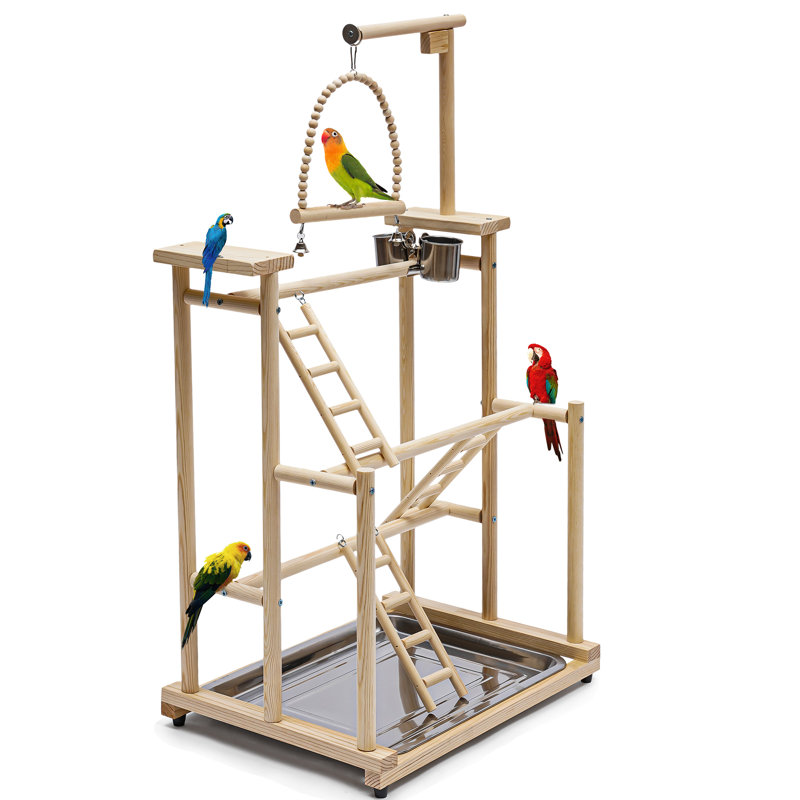 Natural Wood Three-Layer Bird Playground with Swing and Ladder