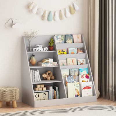 Multifonctionnel bibliothèque à 4 niveaux avec rangement pour bibliothèque (gris)
