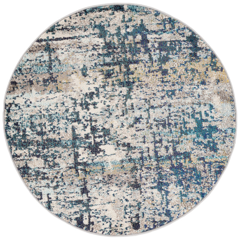 Felty Abstract Cream/Blue Area Rug, Round 3'