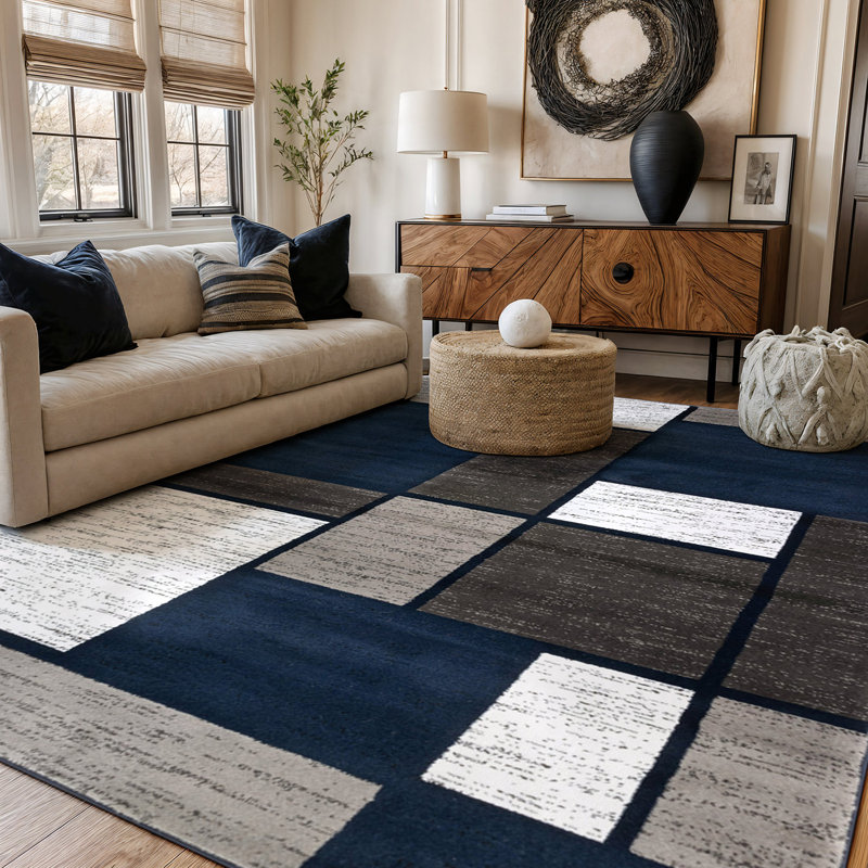 Tapis tissé à motif géométrique bleu marine / gris / blanc Mehul, Navy, Rectangle 6 pi 6 po x 9 pi
