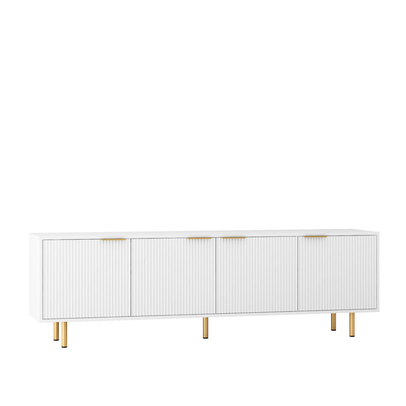 Console de télévision blanche cannelée avec prise de courant, pour téléviseur de 70 à 79 pouces, tiroirs de centre de divertissement, boîtes de support de salon d'armoire multimédia,
