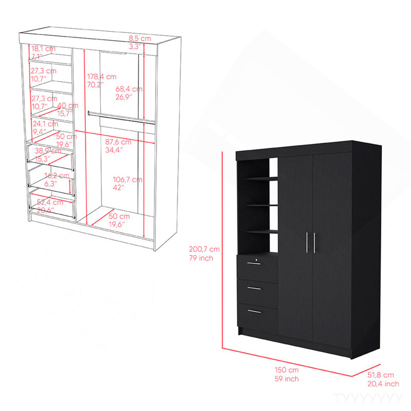 Armoire Rumanu, chambre à coucher, noir, Noir