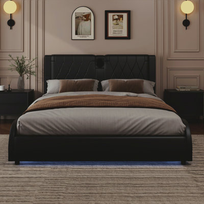 Luxurious Faux Leather Upholstered Platform Bed With Thickened Headboard, Bluetooth Speakers And RGB LED Light, No Box Spring Needed