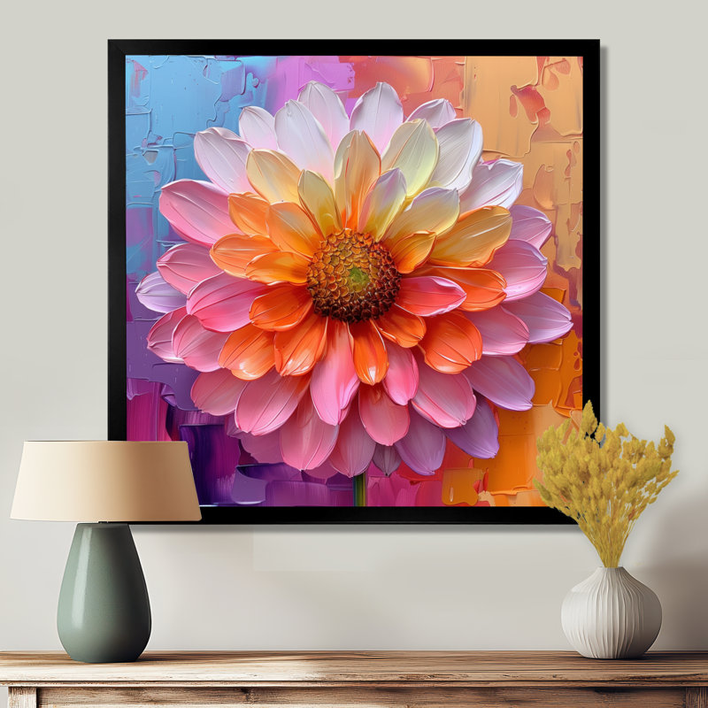 «Dahlia II», art mural rose et orange vif, H 16 po x l 16 po x P 1 po, Cadre simple noir