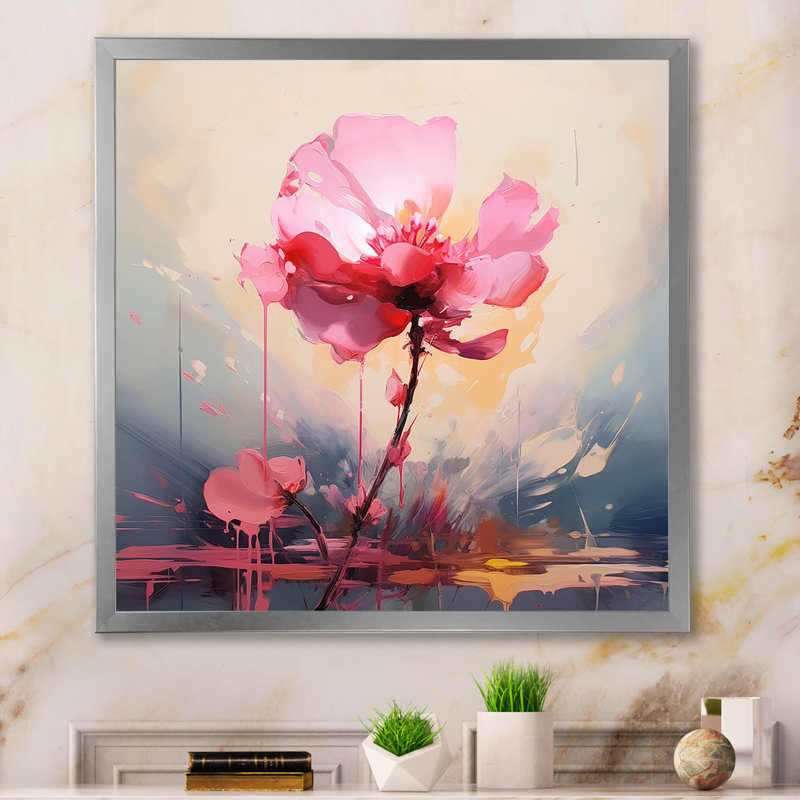 «Coral Elegance Single Pink Rose Blossoming», reproduction sur toile, H 24 po x l 24 po x P 1 po, Cadre simple argenté
