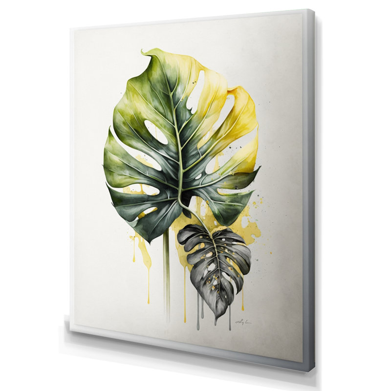 Jaune et gris feuille de philodendron II - reproduction sur toile, L 30 po x H 40 po, Toile tendue