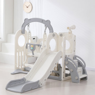 4-in-1 Kids Swing and Slide  Basketball Hoop & Telescope Set Indoor Outdoor Toddler Playground with Basketball Hoop Safety Guardrails, Foldable Toddler Playground for Indoor/Outdoor Use, Storage Space and Non-Slip