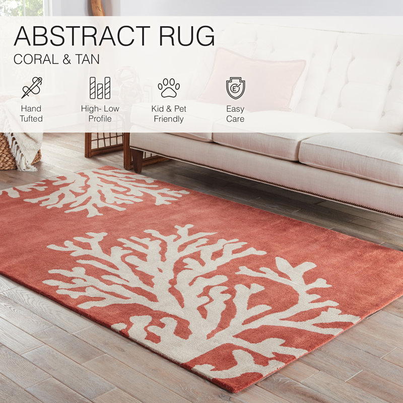 Coastal Seaside Wool Floral Area Rug in Orange, Rectangle 3'6" x 5'6"