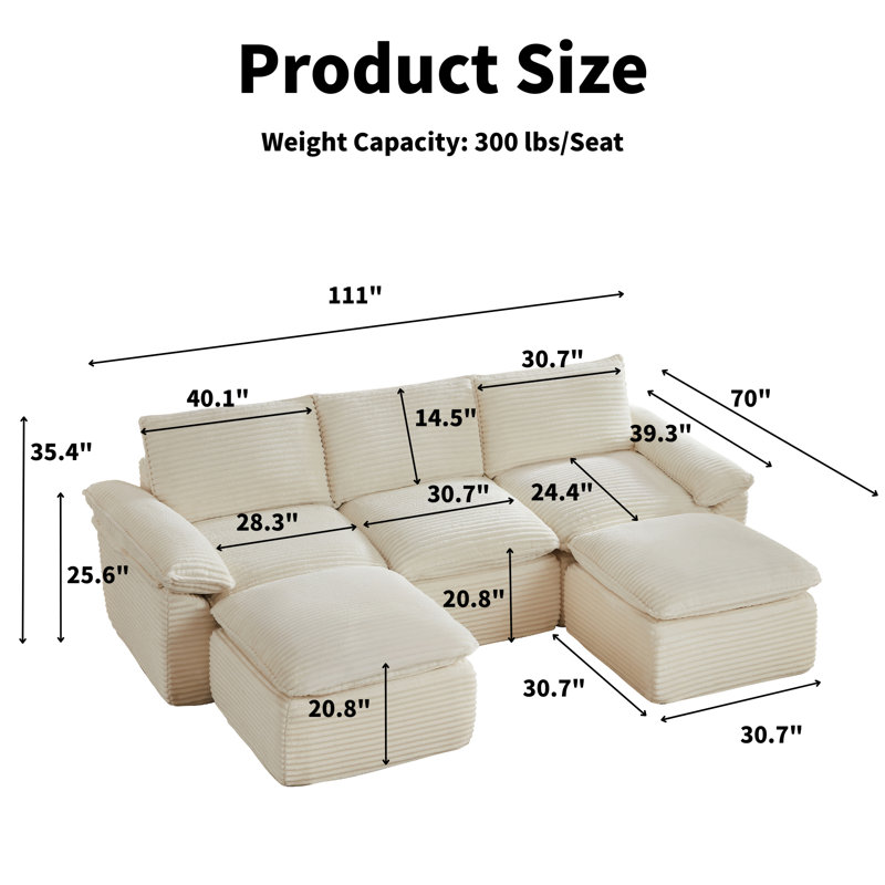 Latitude Run® 111" Corduroy Boneless Sofa Couch Sectional With Dual ...