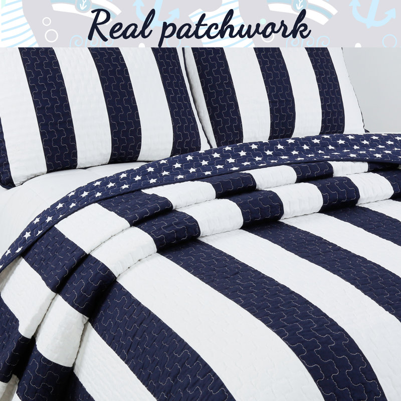 Cotton Striped Quilt Set, Queen Quilt + 2 Standard Shams