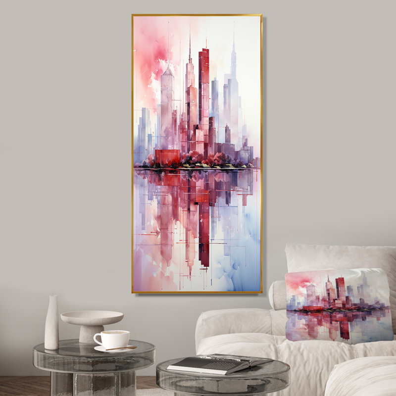 Rose et bleu gratte-ciel New York City II - gratte-ciel, art mural, Cadre flottant doré, H 40 po x l 30 po