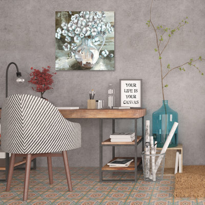 Cotton Bolls In Farmhouse Pitcher - Wrapped Canvas Print