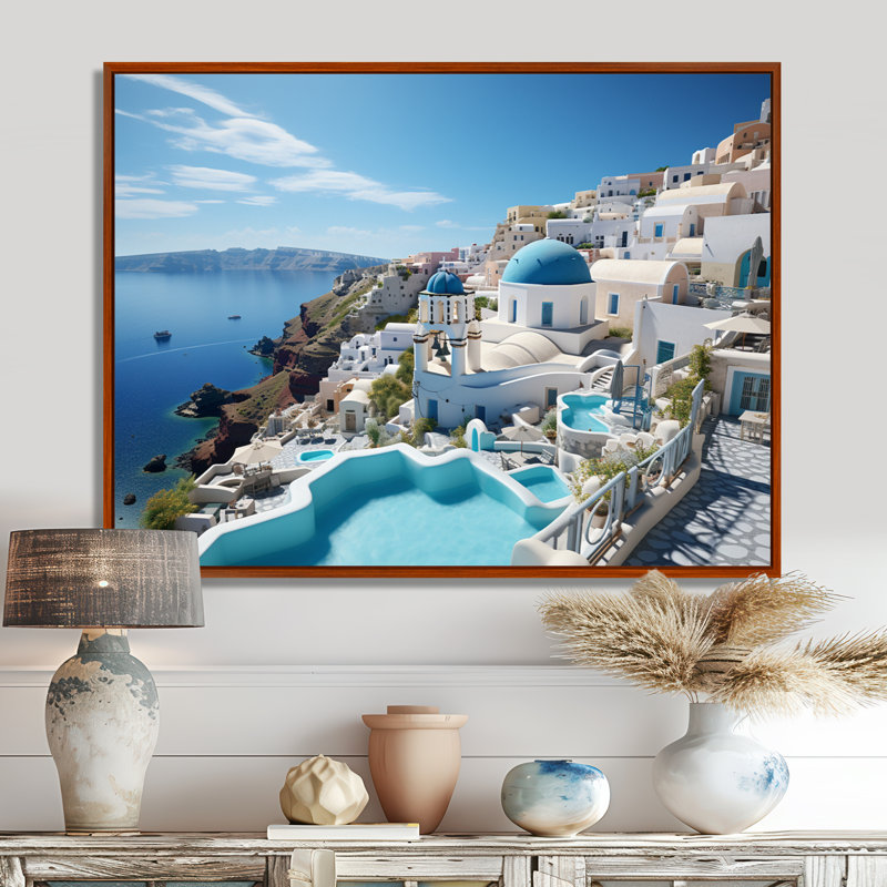 Grèce «Santorini Dreams I», art mural grand de Grèce, H 30 po x l 40 po x P 1,5 po, Cadre flottant brun
