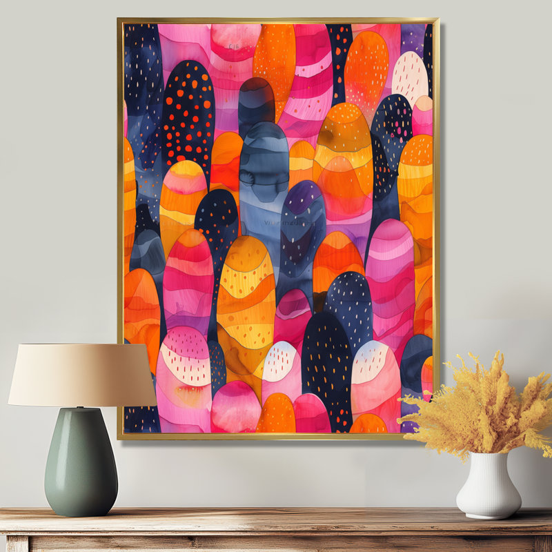 Motif bohémien rose à pois et rayures I - impression abstraite murale, H 16 po x l 32 po, Cadre flottant doré