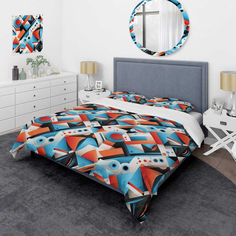 Ensemble de housse de couette à motif géométrique rose et bleu Popart, Housse de couette pour très grand lit et 2 très