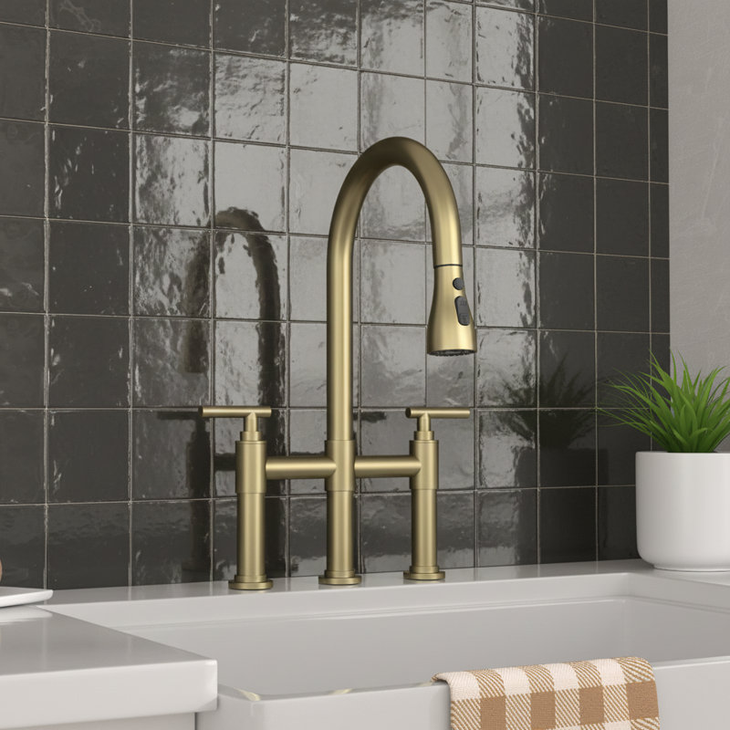 2-Handle Bridge Kitchen Faucet with Pull-Down Sprayer, Gold
