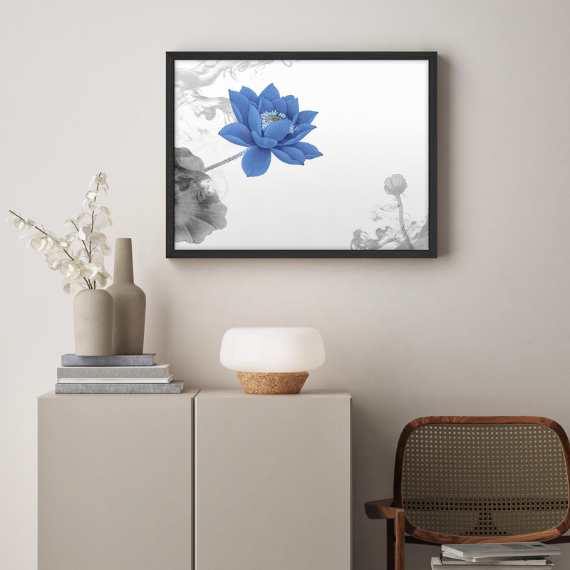 Elegant Blue Lotus Flower with Abstract Smoke Design Illustrations Rustic Framed Poster, 11" H x 14" W, Black