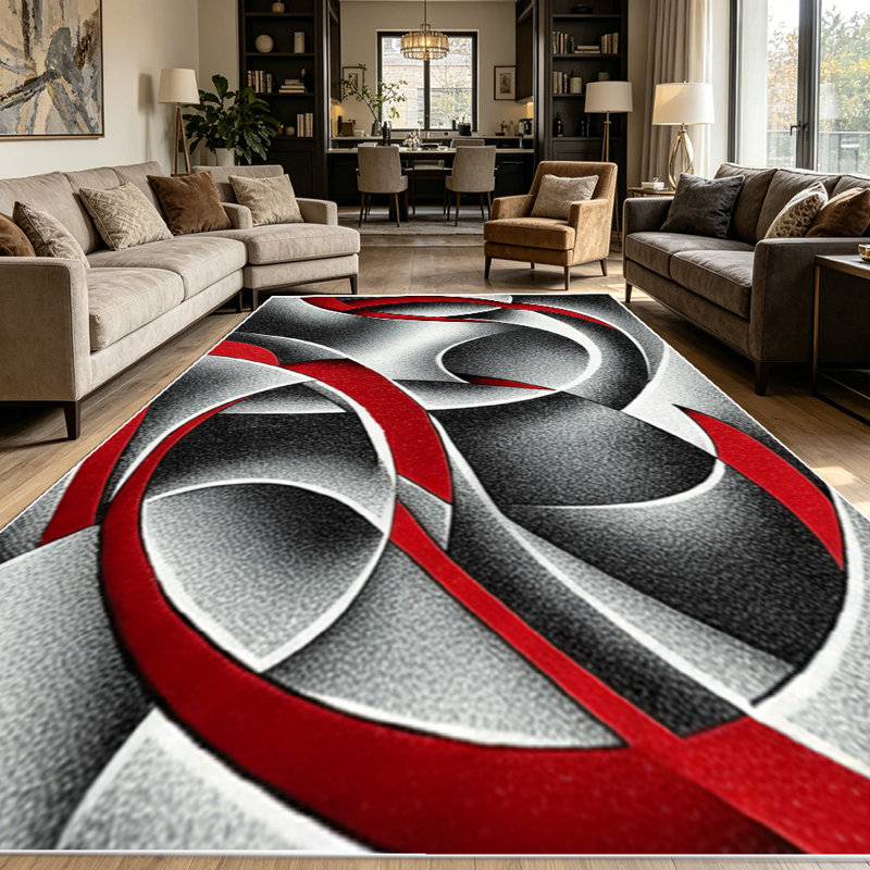 1PC Modern Abstract 3D Swirl Black White Red area rugs for Living Room, Soft and Comfortable, Suitable for all seasons, easy-to-maintain, machine washable Indoor floor mat, Under Table Farmhouse suitable for entryway, bedroom, dining room, home