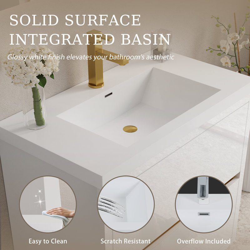 Ensemble de meuble-lavabo mural 35 po 1 pièce en bois blanc à fermeture en douceur, entièrement assemblé