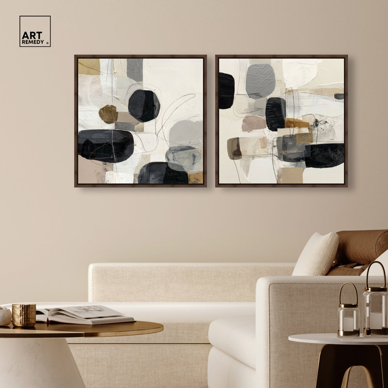 «Pebble Path Duo», ensemble de décorations murales Boho par Art Remedy, cadre en noyer, 24 x 24, 25"H x 25"W, Walnut Frame